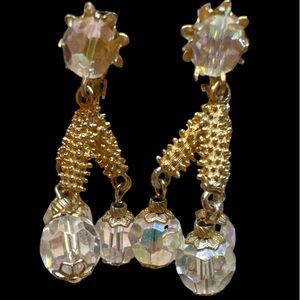 Vendome AB Crystal Beads Dangle Clip-On Vintage Earrings – Gold Tone 1960s